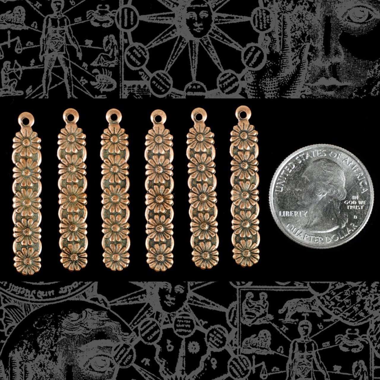 Antiqued Copper Plated Brass Multi Floral Drop - Set of Six - C-C116